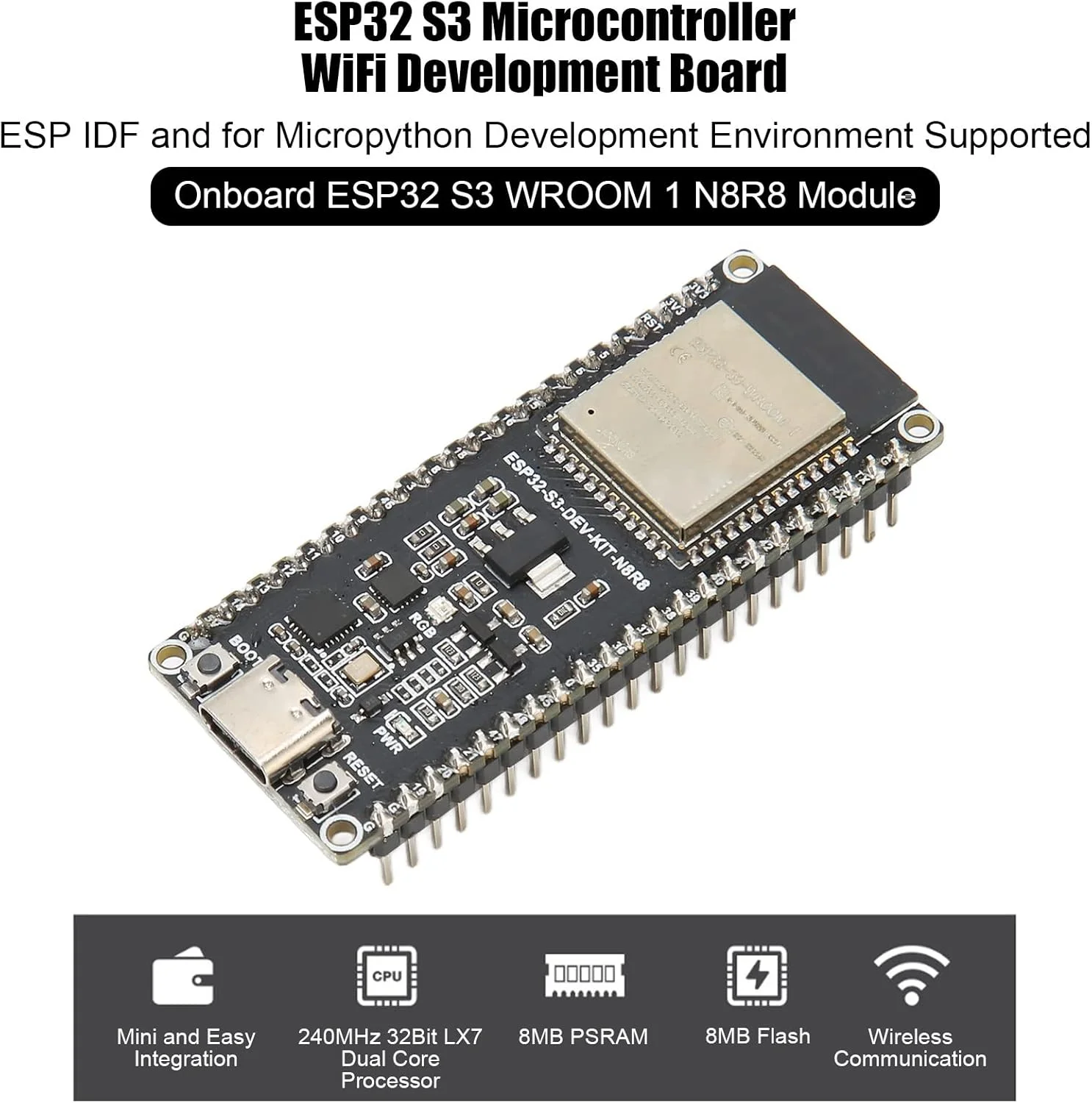 برد توسعه وای فای بلوتوث Bewinner S3، میکروکنترلر 2.4 گیگاهرتز، پردازنده دوگانه 240 مگاهرتز، 512 کیلوبایت SRAM، 8 مگابایت PSRAM و فلش 8 مگابایتی