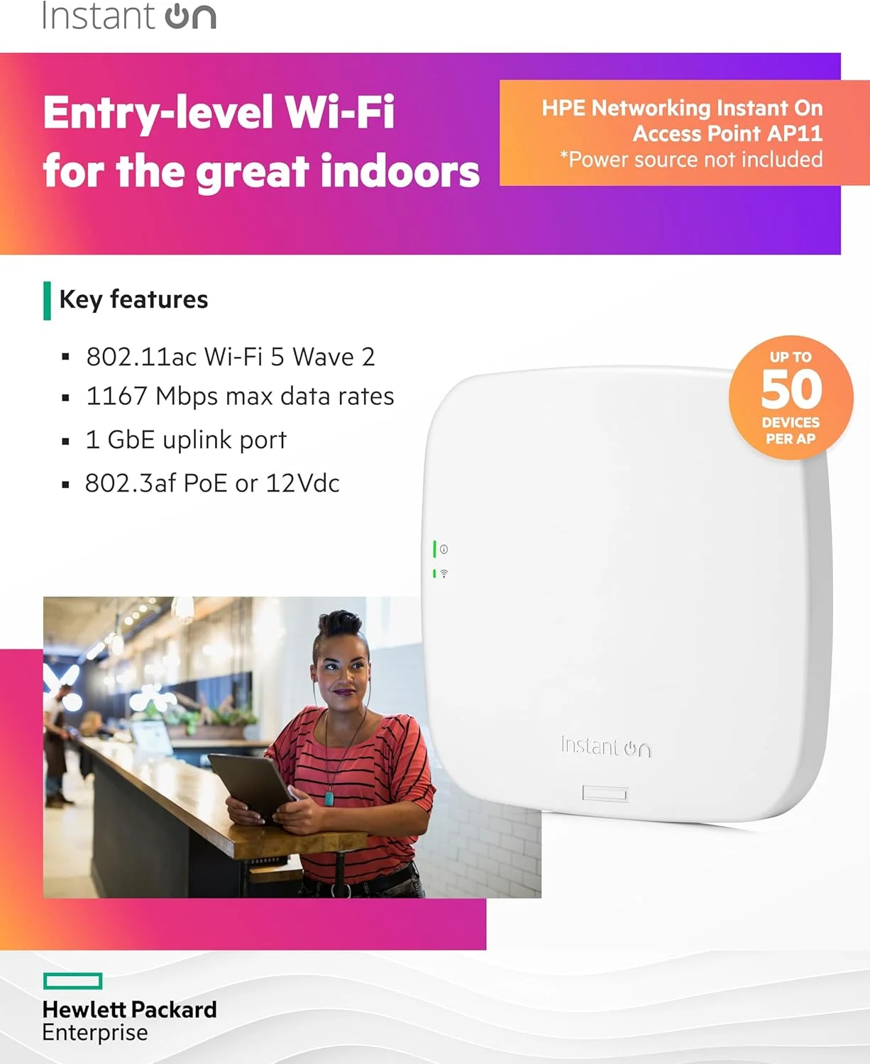اکسس پوینت شبکه HPE Instant On AP11 2x2 WiFi 5 داخلی بی‌سیم | منبع تغذیه شامل نمی‌شود | مدل ایالات متحده (R2W95A)