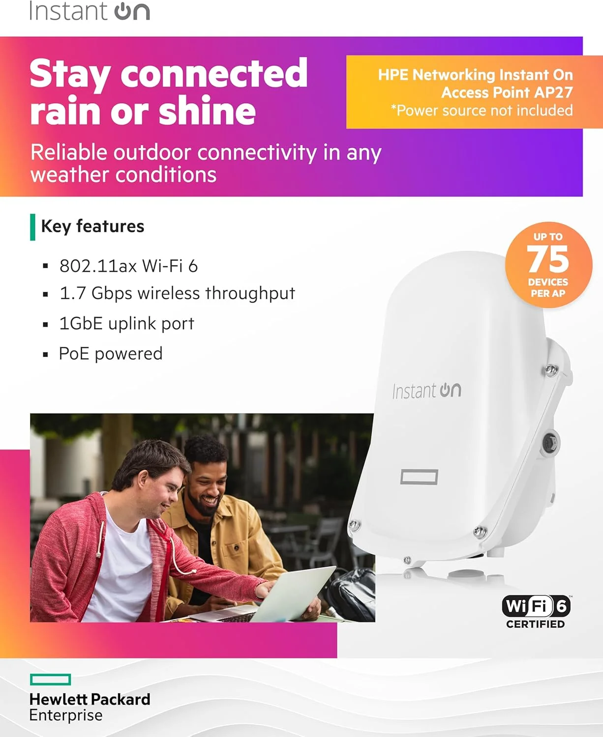 اکسس پوینت بی‌سیم بیرونی Aruba HPE Networking Instant On AP27 2x2 WiFi 6 | منبع تغذیه شامل نمی‌شود | مدل ایالات متحده (S1T36A)