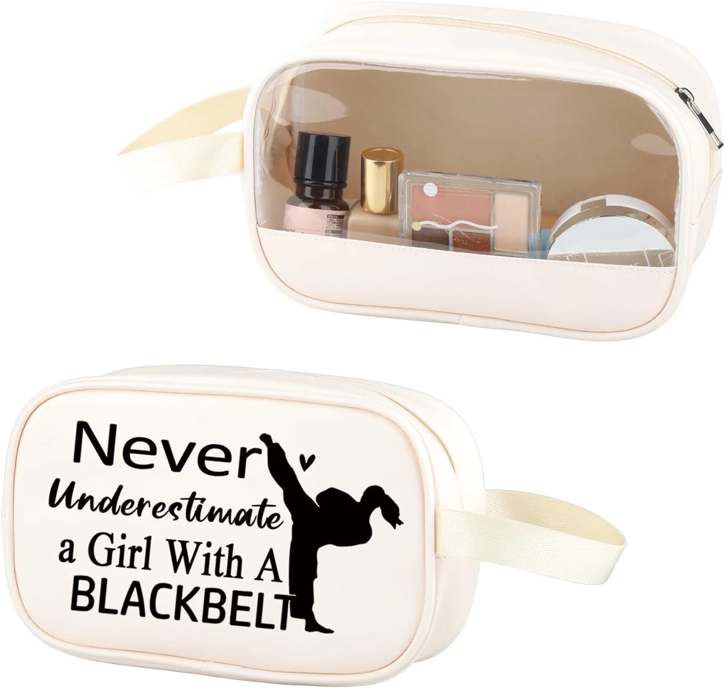 کیف لوازم آرایش شفاف ZJXHPO کاراته طرح "هیچوقت یک دختر کمربند مشکی را دست کم نگیر"، کیف لوازم آرایش چرمی PU، کیف زیپی PVC مربی کاراته، کمربند مشکی PU