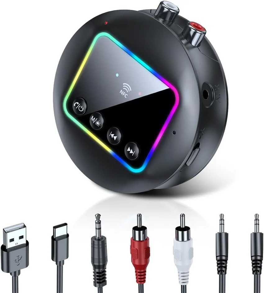 آداپتور صوتی بلوتوث 5.4 بی سیم NFC، گیرنده و فرستنده 2 در 1 برای استریو خانگی، بلندگو، آمپلی فایر، تلویزیون، تبلت، با AUX/RCA 3.5 میلی متری، نور RGB، تأخیر کم، صدای HD