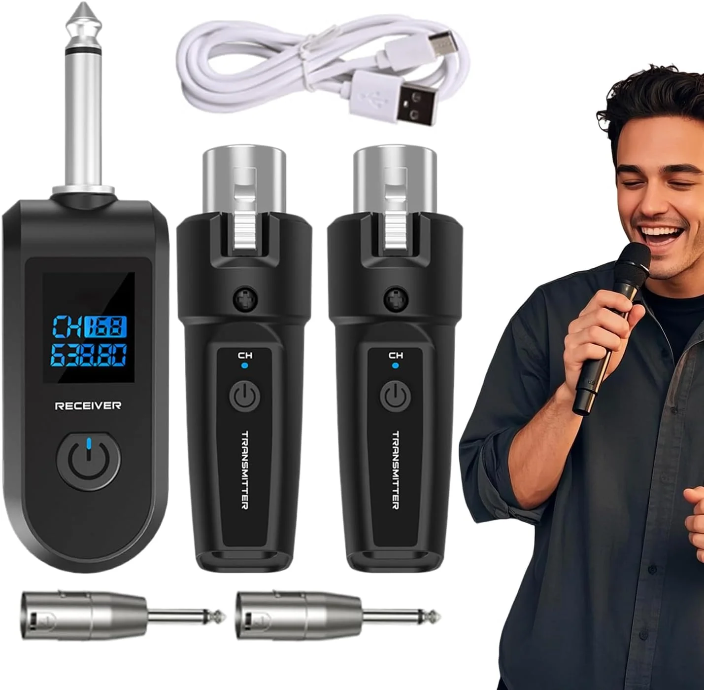 سیستم فرستنده و گیرنده صوتی میکروفون بی سیم، آداپتور میکروفون بی سیم 10 کاناله، فرستنده و گیرنده پلاگین برای گیتار باس و سازهای الکتریکی