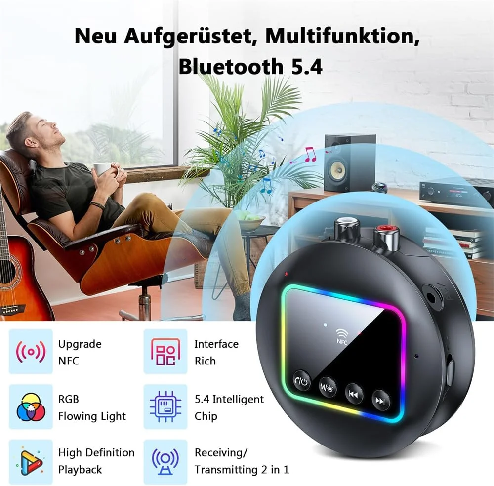 آداپتور صوتی بلوتوث 5.4 بی سیم NFC، گیرنده و فرستنده 2 در 1 برای استریو خانگی، بلندگو، آمپلی فایر، تلویزیون، تبلت، با AUX/RCA 3.5 میلی متری، نور RGB، تأخیر کم، صدای HD آداپتور صوتی بلوتوث 5.4 بی سیم NFC، گیرنده و فرستنده 2 در 1 برای استریو خانگی، بلندگو، آمپلی فایر، تلویزیون، تبلت، با AUX/RCA 3.5 میلی متری، نور RGB، تأخیر کم، صدای HD