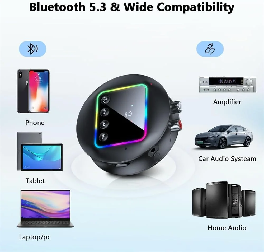 آداپتور صوتی بلوتوث 5.4 بی سیم NFC، گیرنده و فرستنده 2 در 1 برای استریو خانگی، بلندگو، آمپلی فایر، تلویزیون، تبلت، با AUX/RCA 3.5 میلی متری، نور RGB، تأخیر کم، صدای HD آداپتور صوتی بلوتوث 5.4 بی سیم NFC، گیرنده و فرستنده 2 در 1 برای استریو خانگی، بلندگو، آمپلی فایر، تلویزیون، تبلت، با AUX/RCA 3.5 میلی متری، نور RGB، تأخیر کم، صدای HD