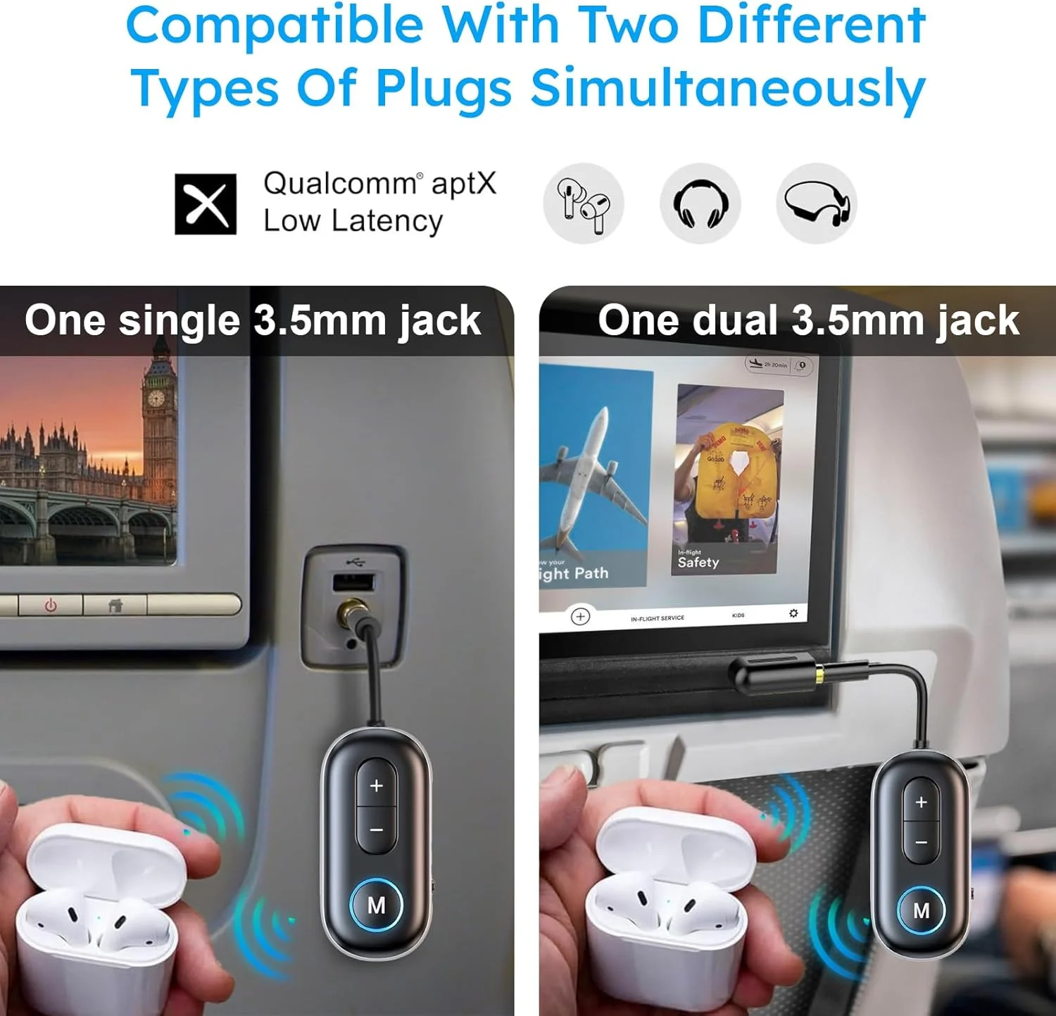 فرستنده گیرنده بلوتوث 5.4 هواپیما، آداپتور صوتی بی سیم 3.5 میلی متری بلوتوث، پشتیبانی از ایرپاد یا هدفون با aptX Adaptive، فرستنده صوتی بی سیم برای Airfly، خطوط هوایی