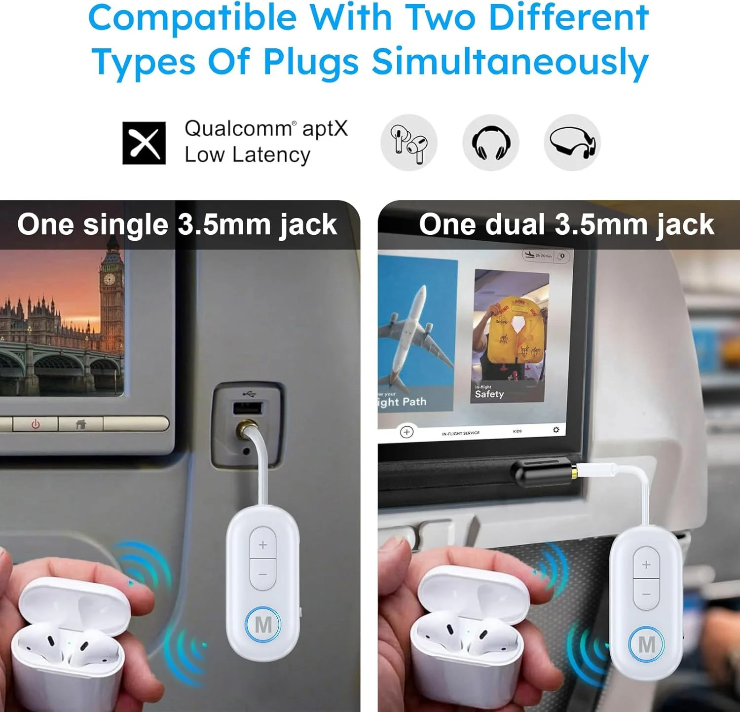 فرستنده گیرنده بلوتوث 5.4 برای هواپیما، آداپتور صوتی بی سیم 3.5 میلی متری، پشتیبانی از هدفون، فرستنده صوتی بی سیم برای پرواز، تلویزیون، استریو ماشین، PS4