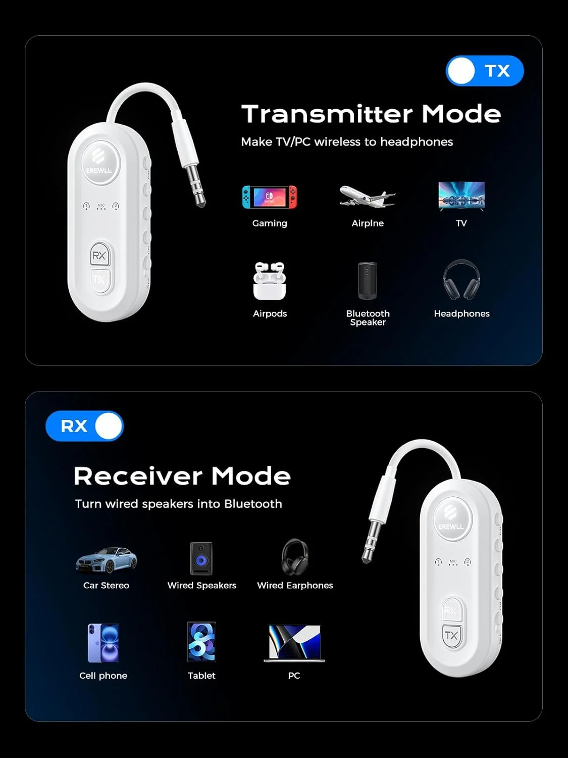 فرستنده و گیرنده بلوتوث 5.4 ارتقا یافته، آداپتور بلوتوث هواپیما با Qualcomm aptX Adaptive، پشتیبانی از 2 ایرپاد/هدفون، فرستنده صوتی بی سیم برای تلویزیون، مسافرت، ماشین و باشگاه، دارای محل نگهداری کابل