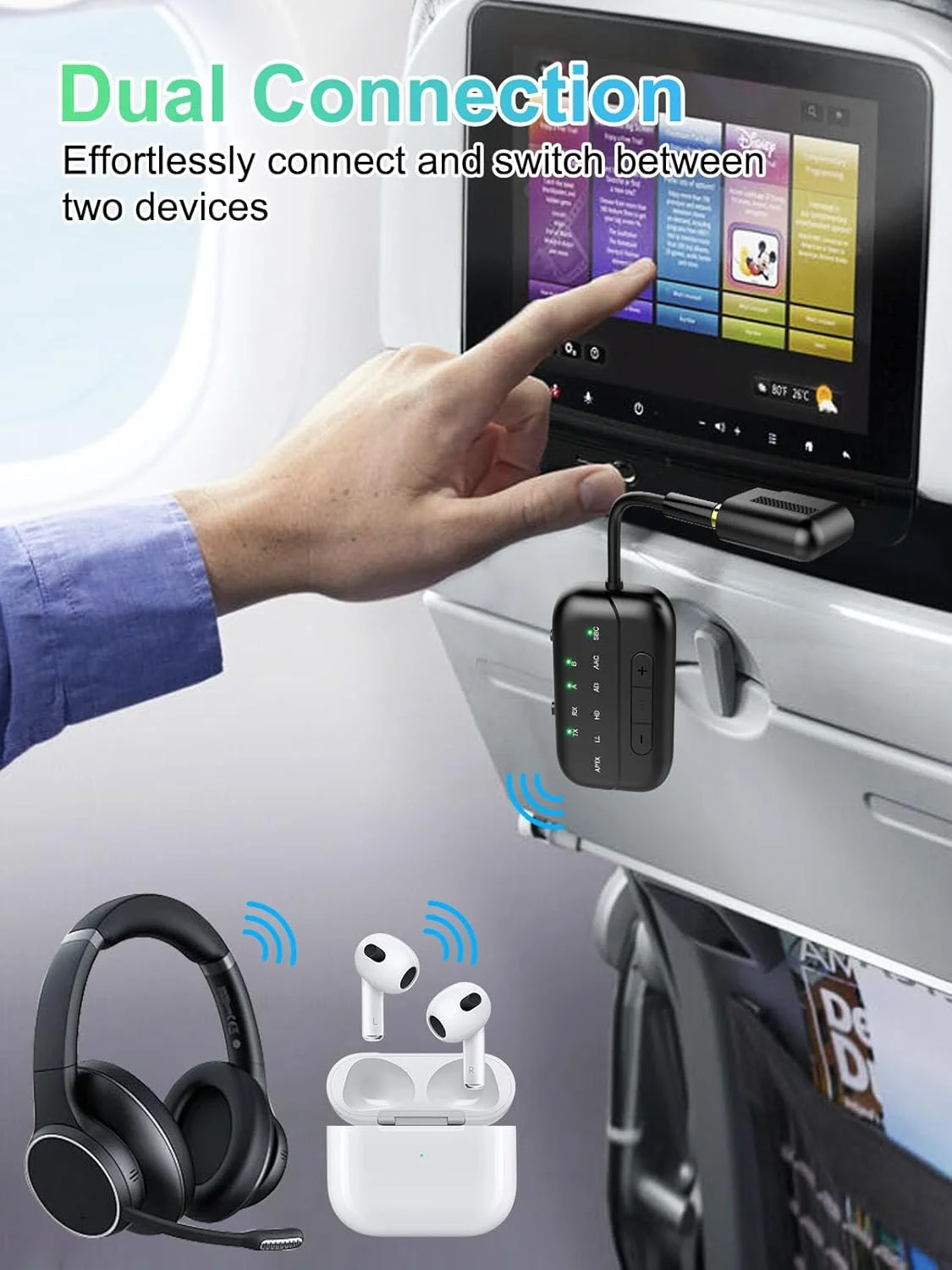 فرستنده و گیرنده بلوتوث 5.4 ارتقا یافته 2025، آداپتور بی سیم 2 در 1 برای هواپیما، تلویزیون، رایانه شخصی، باشگاه، سوییچ، پشتیبانی از 2 ایرپاد/هدفون; گیرنده AUX صوتی برای استریو ماشین/خانه