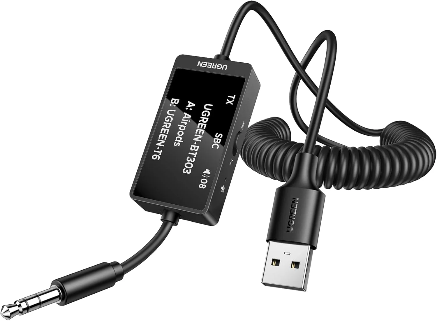 فرستنده و گیرنده بلوتوث 5.4 UGREEN، آداپتور صوتی AUX 3.5 میلی‌متری جفت دوتایی با میکروفون داخلی برای تماس‌های هندزفری، آداپتور بلوتوث بی‌سیم 2 در 1 سازگار با بلندگوهای خودرو و استریو خانگی