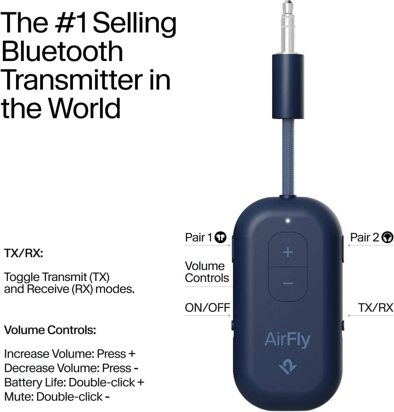 فرستنده/گیرنده بلوتوث 5.0 Twelve South AirFly Pro 2 برای تلویزیون/هواپیما به 2 هدفون بی سیم - آداپتور بی سیم برای ایرپاد، هواپیما، ماشین، باشگاه، خانه، استفاده با هر جک صوتی 3.5 میلی متری، آبی