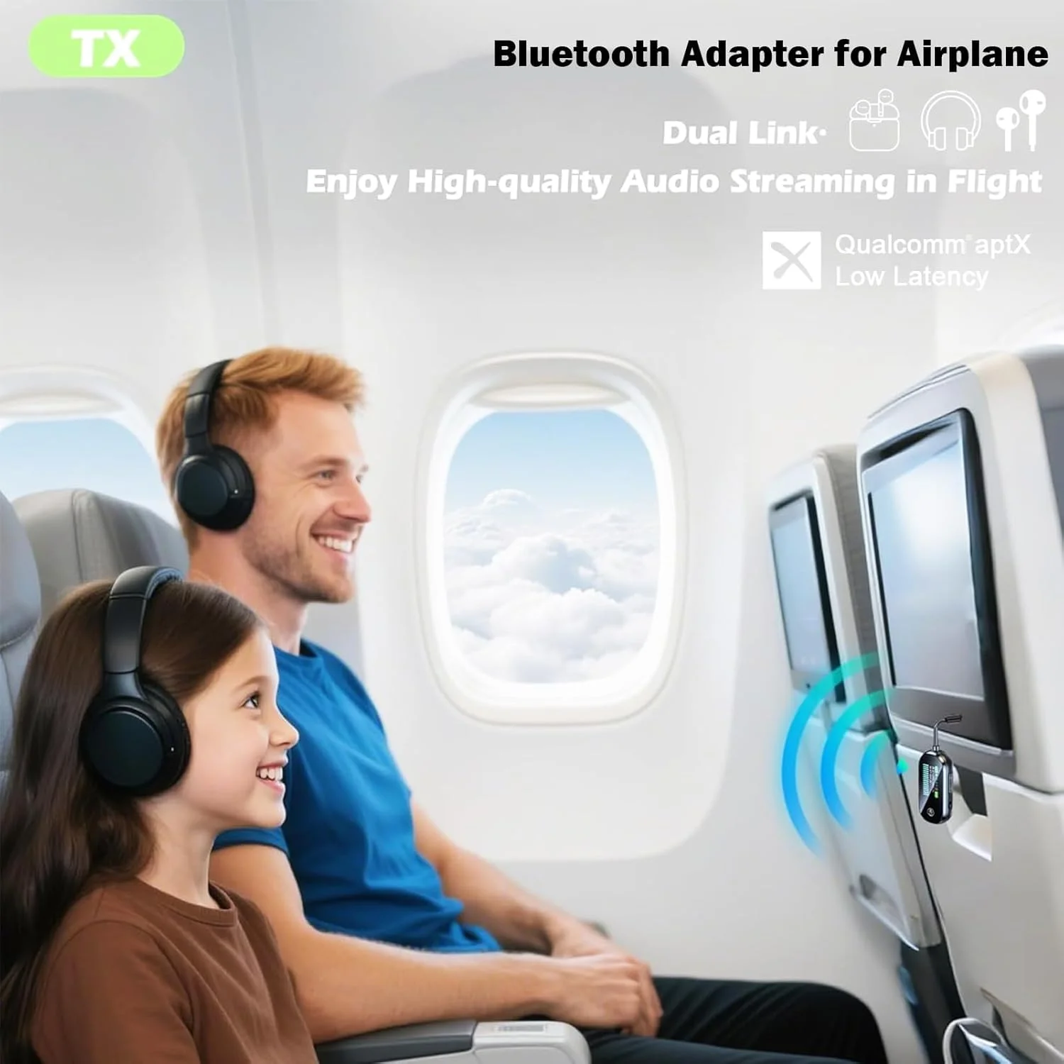 آداپتور فرستنده بلوتوث 5.4 هواپیما UOEPOWA، پشتیبانی از 2 ایرپاد/هدفون 2 در 1، فرستنده گیرنده بلوتوث با aptX Low Latency، آداپتور بی سیم برای پرواز، تلویزیون، باشگاه، تبلت، استریو ماشین