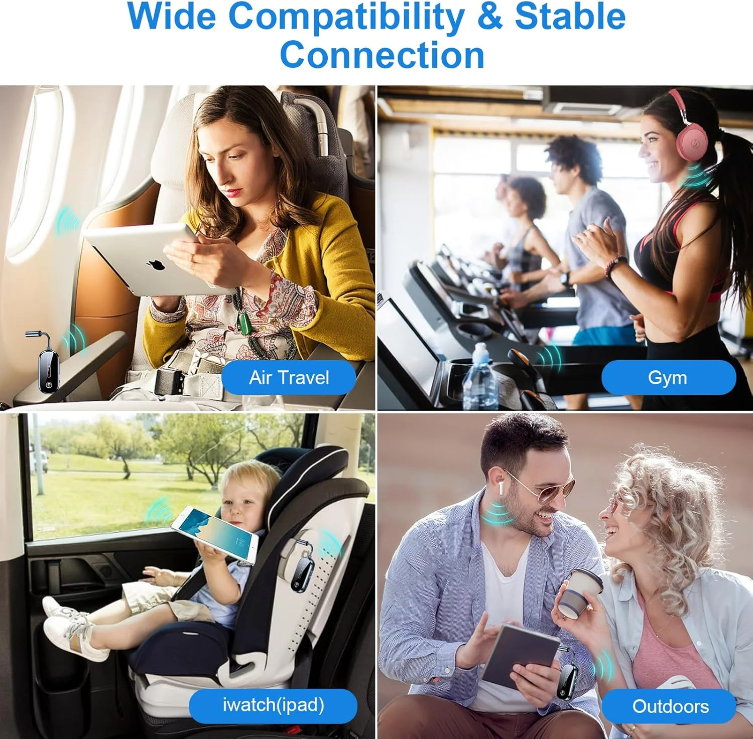 فرستنده بلوتوث 5.4 UOEPOWA برای هواپیما، آداپتور فرستنده 2 در 1 برای 2 جفت ایرپاد یا هدفون با aptX Adaptive، گیرنده صوتی بی سیم جک AUX 3.5 میلی متری برای هواپیما، Airfly pro 2، تلویزیون