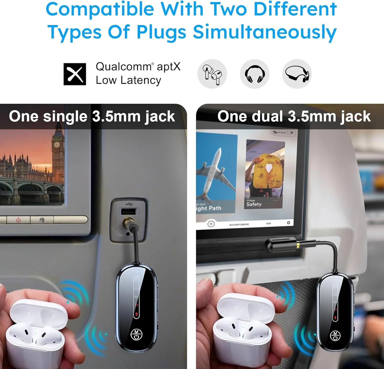آداپتور بلوتوث 5.4 هواپیما UOEPOWA با Qualcomm aptX Adaptive، پشتیبانی از 2 ایرپاد یا هدفون، فرستنده صوتی بی سیم AUX 3.5 میلی متری برای سفر، پرواز، هواپیمایی، باشگاه، استریو ماشین، تلویزیون