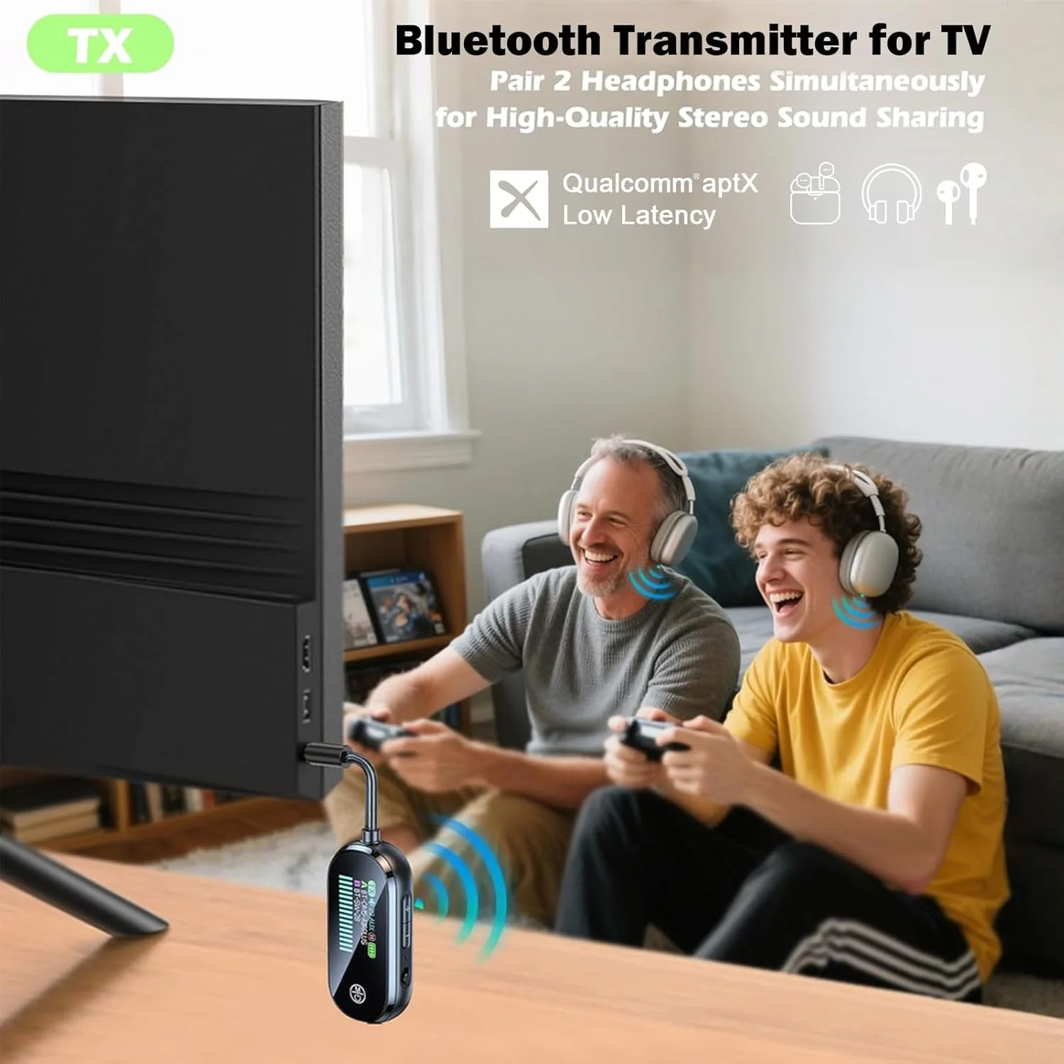 آداپتور فرستنده بلوتوث 5.4 هواپیما UOEPOWA، پشتیبانی از 2 ایرپاد/هدفون 2 در 1، فرستنده گیرنده بلوتوث با aptX Low Latency، آداپتور بی سیم برای پرواز، تلویزیون، باشگاه، تبلت، استریو ماشین