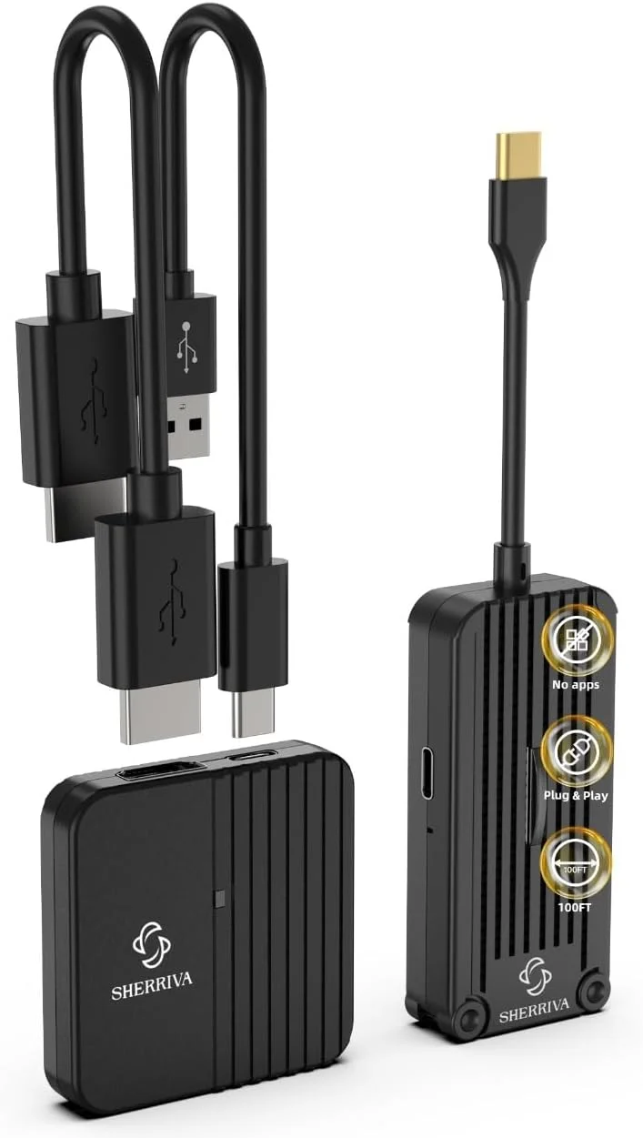 کیت فرستنده USB Type-C و گیرنده HDMI بی سیم SHERRIVA 1080P@60Hz، آداپتور HDMI بی سیم 2.4G/5G، برد 30 متری، سازگار با لپ تاپ، کامپیوتر، مانیتور، پروژکتور، تلویزیون های HD، Plug&Play، بدون نیاز به برنامه/WiFi کیت فرستنده USB Type-C و گیرنده HDMI بی سیم SHERRIVA 1080P@60Hz، آداپتور HDMI بی سیم 2.4G/5G، برد 30 متری، سازگار با لپ تاپ، کامپیوتر، مانیتور، پروژکتور، تلویزیون های HD، Plug&Play، بدون نیاز به برنامه/WiFi
