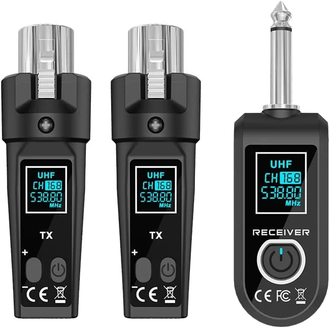 فرستنده و گیرنده XLR بی سیم 2.4 گیگاهرتزی ارتقا یافته، باتری لیتیومی قابل شارژ داخلی برای میکروفون دینامیک، میکسر صدا، گیتار الکتریک باس (1 گیرنده D + 2 فرستنده)