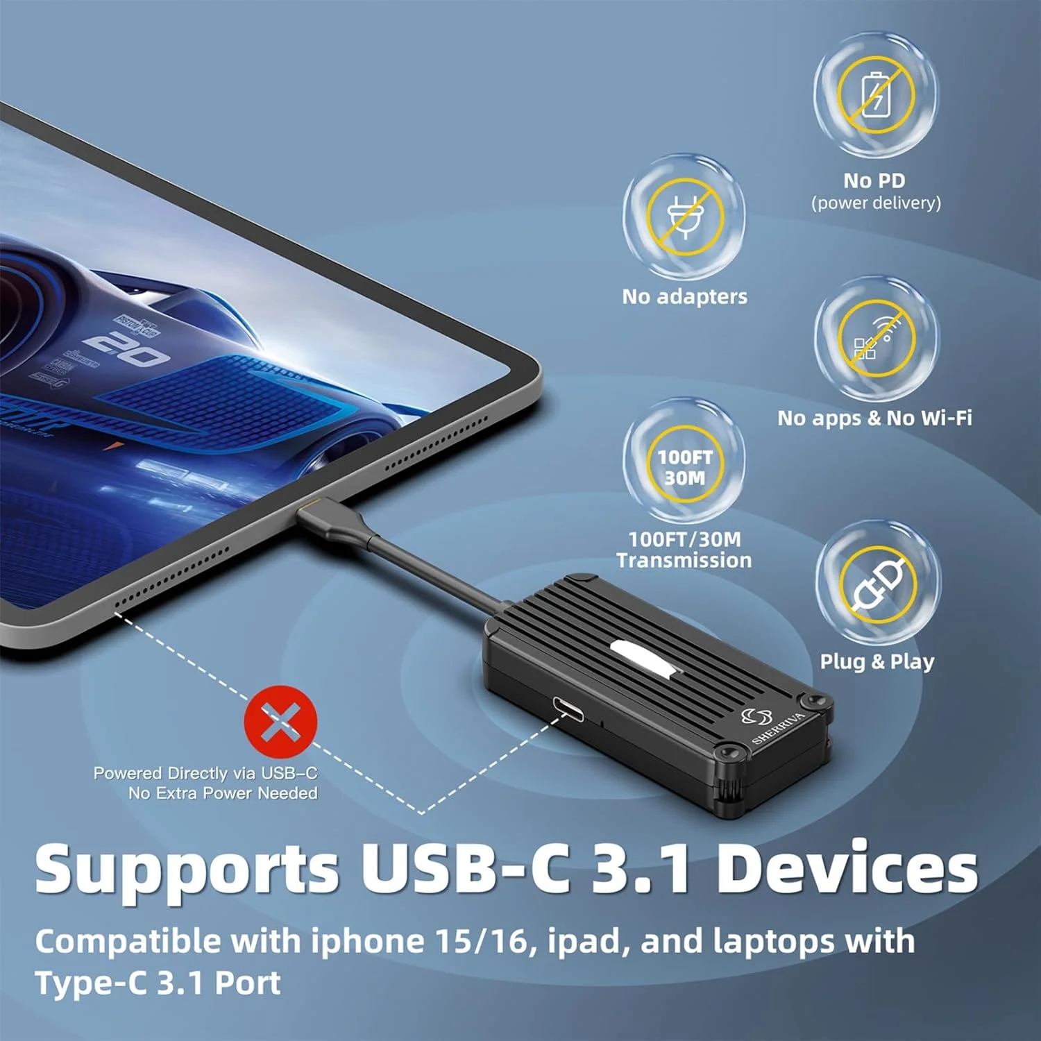 کیت فرستنده USB Type-C و گیرنده HDMI بی سیم SHERRIVA 1080P@60Hz، آداپتور HDMI بی سیم 2.4G/5G، برد 30 متری، سازگار با لپ تاپ، کامپیوتر، مانیتور، پروژکتور، تلویزیون های HD، Plug&Play، بدون نیاز به برنامه/WiFi