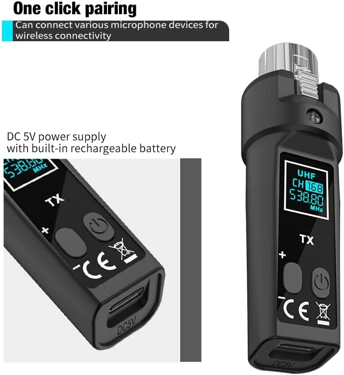 فرستنده و گیرنده XLR بی سیم 2.4 گیگاهرتزی ارتقا یافته، باتری لیتیومی قابل شارژ داخلی برای میکروفون دینامیک، میکسر صدا، گیتار الکتریک باس (1 گیرنده D + 2 فرستنده)