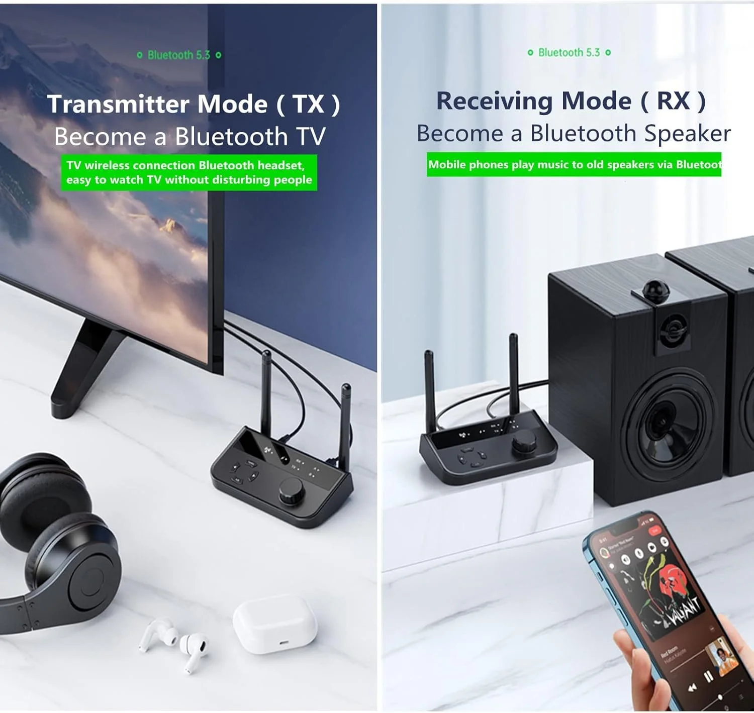 آداپتور فرستنده صوتی بلوتوث 5.3 SYOSI، گیرنده AUX بی سیم بلوتوث 2 در 1 با قابلیت اتصال همزمان به 2 دستگاه، مناسب برای تلویزیون، سی دی، فرستنده موسیقی بی سیم برای هدفون، بلندگو، خودرو، تبلت و سیستم استریو خانگی