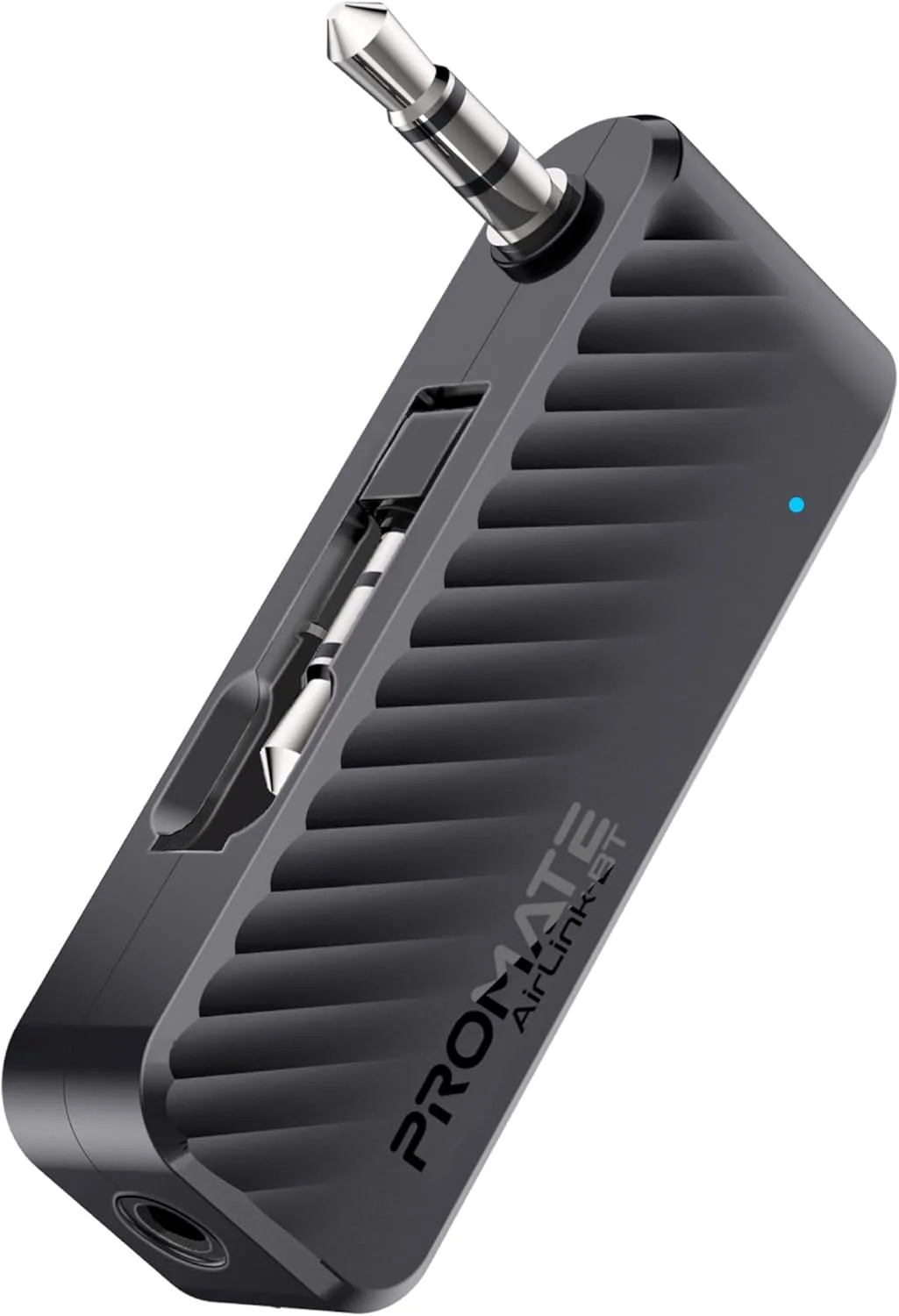 فرستنده پیشرفته AUX به بلوتوث پرومیت با جک AUX تاشو دوم، 10 ساعت پخش، طراحی Plug-and-Play، وضوح صدای برتر و همراه مسافرتی عالی مدل AirLink-BT مشکی