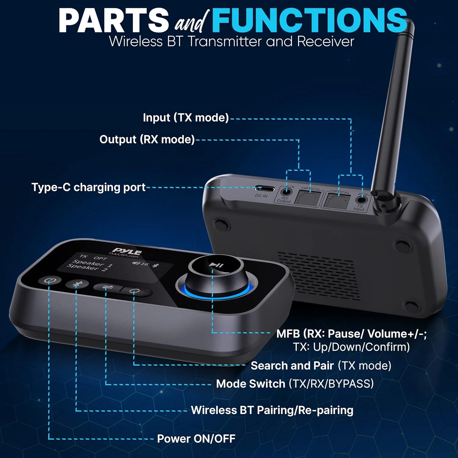 فرستنده و گیرنده بلوتوث بی سیم Pyle - جعبه انتقال صدا برای تلویزیون و سیستم صوتی خانگی، نمایشگر LCD، جک های صوتی اپتیکال و AUX، نسخه بلوتوث: 5.0