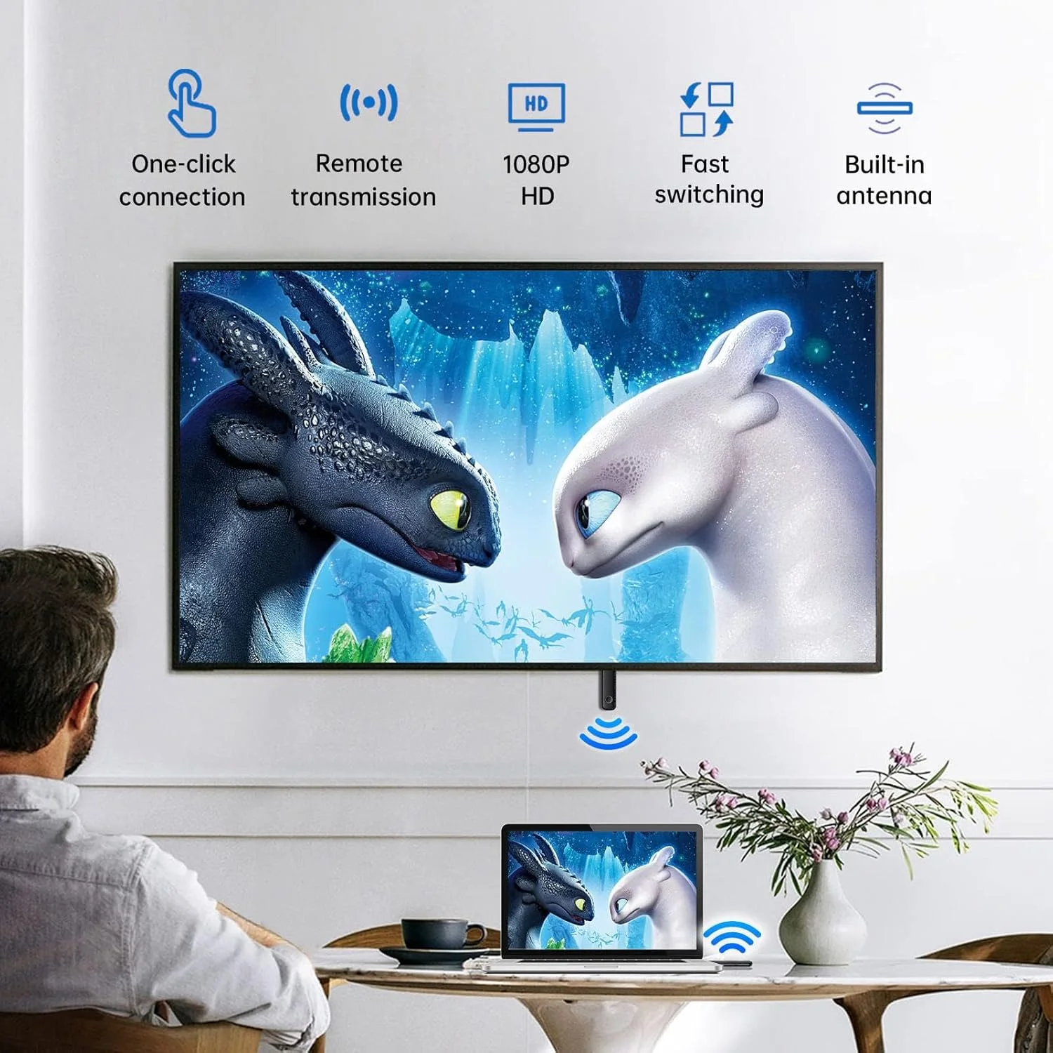 فرستنده و گیرنده HDMI بی سیم NALACAL، آداپتور HDMI قابل حمل بی سیم HD، اتصال آسان، پشتیبانی از 2.4/5 گیگاهرتز برای پخش ویدئو و صدا از لپ تاپ، کامپیوتر به پروژکتور، مشکی