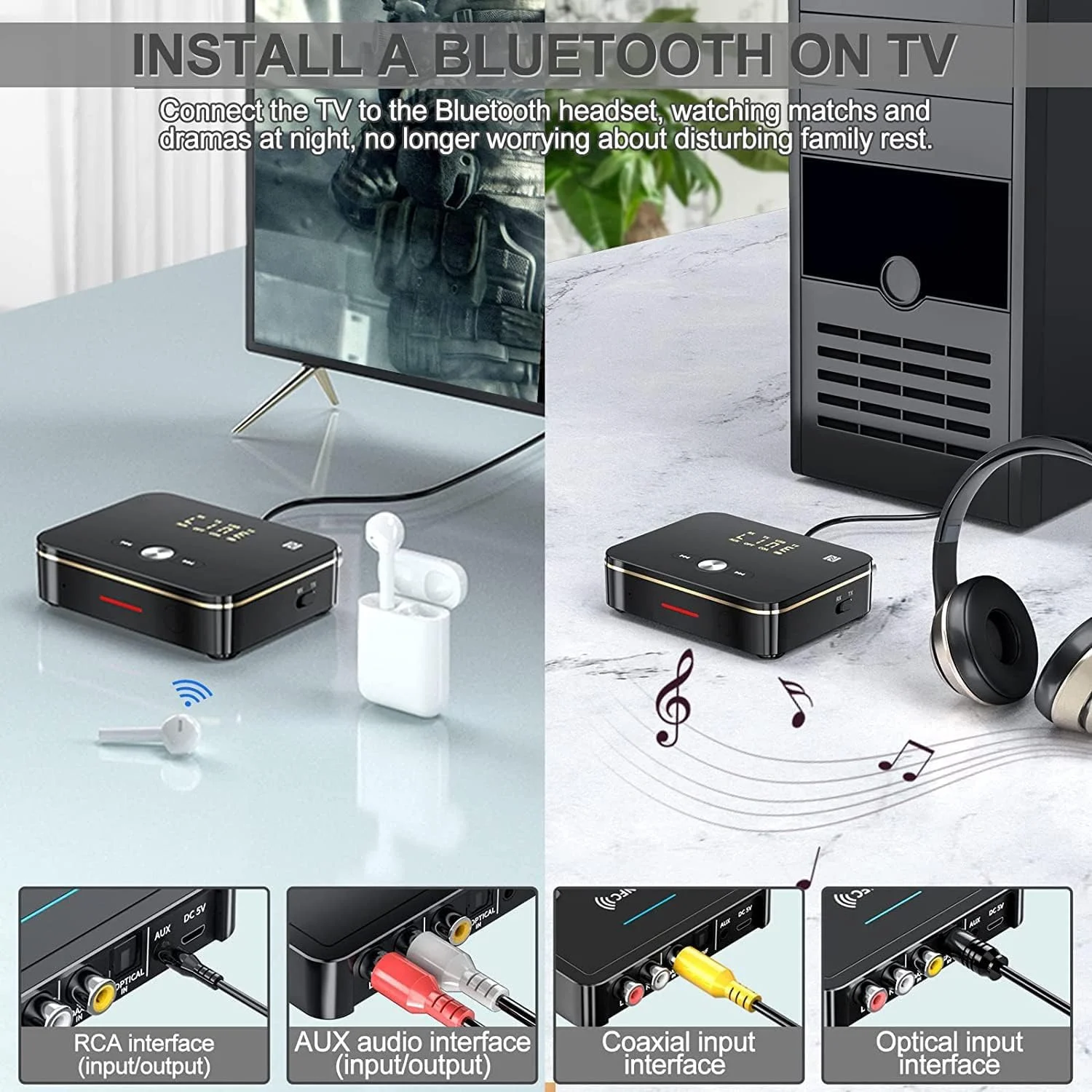 آداپتور گیرنده و فرستنده بلوتوث صوتی NALACAL برای پخش موسیقی، سیستم صوتی، AUX خودرو، سازگار با تلویزیون خانگی، استریو و بلندگوها، aptX Low Latency & HD Audio