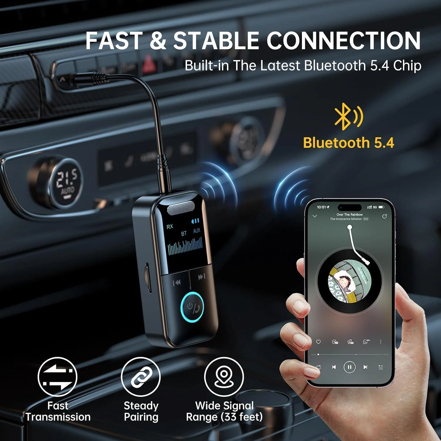 فرستنده و گیرنده صوتی بلوتوث 5.4 NALACAL، آداپتور بی سیم 4 در 1 برای هواپیما، خودرو، تلویزیون، لپ تاپ، رادیو با تأخیر کم، صفحه نمایش HD، پشتیبانی از کارت TF، اتصال AUX