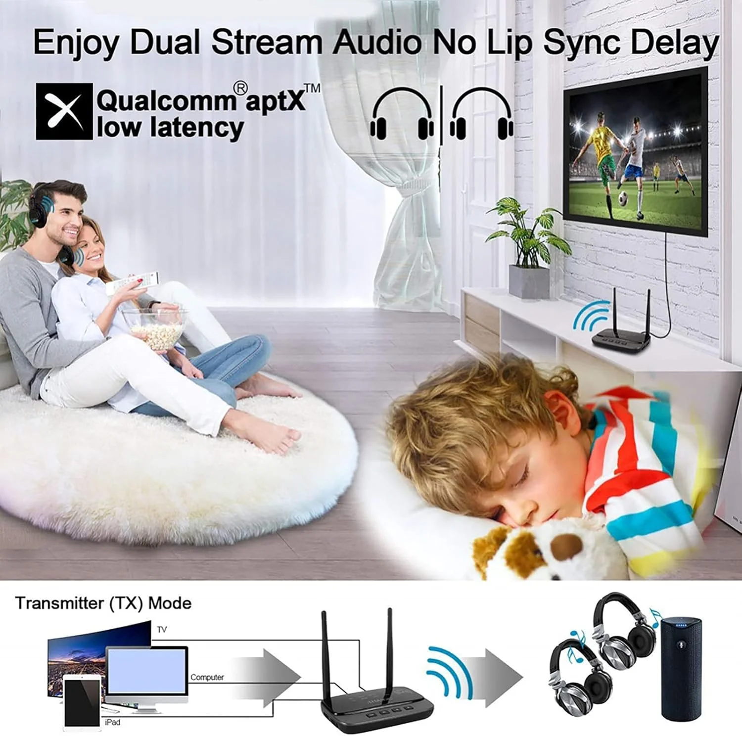 فرستنده و گیرنده صوتی بلوتوث 5.0 JACOJE، آداپتور بی سیم بای پس AptX LL HD SPDIF AUX 3.5 میلی متری برای کامپیوتر، تلویزیون به 2 هدفون