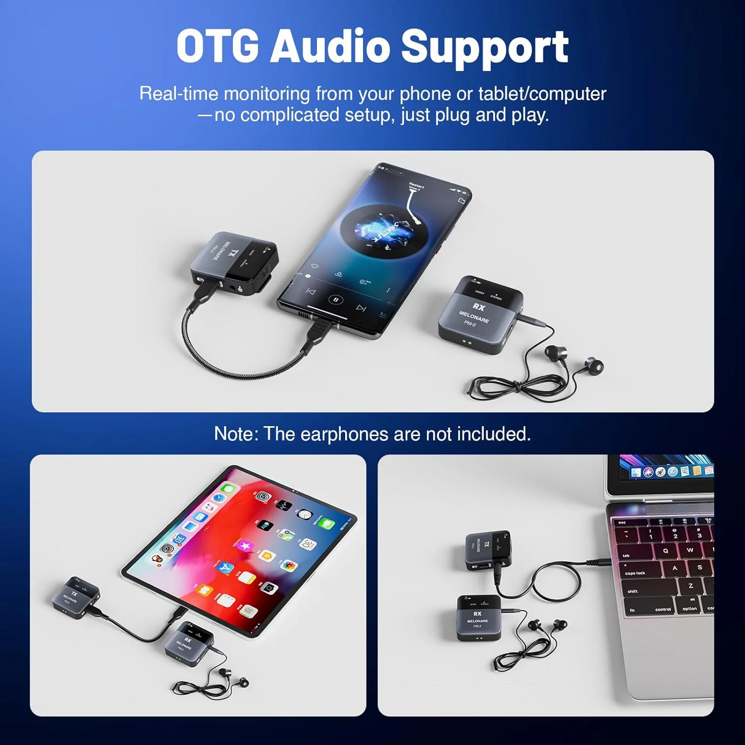 سیستم مانیتور داخل گوشی بی سیم قابل حمل PM-2 با جعبه شارژ، فرستنده و گیرنده صوتی بی سیم، صدای 24 بیت/48 کیلوهرتز، ورودی OTG، سوئیچ مونو/استریو، IEM برای نمایش های زنده، استودیوها، گروه ها