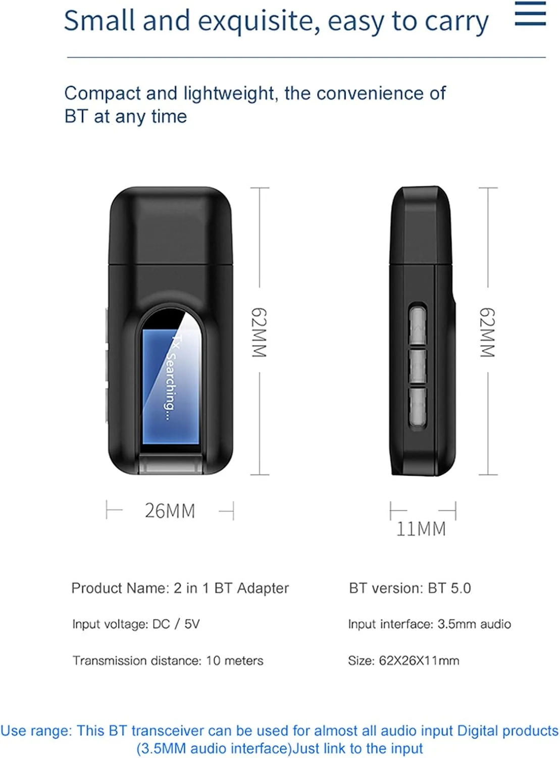 آداپتور صوتی، فرستنده گیرنده USB 5.0 دو در یک با صفحه نمایش LCD استریو AUX 3.5 میلی متری برای رایانه شخصی، تلویزیون، ماشین، هدفون، آداپتور بی سیم