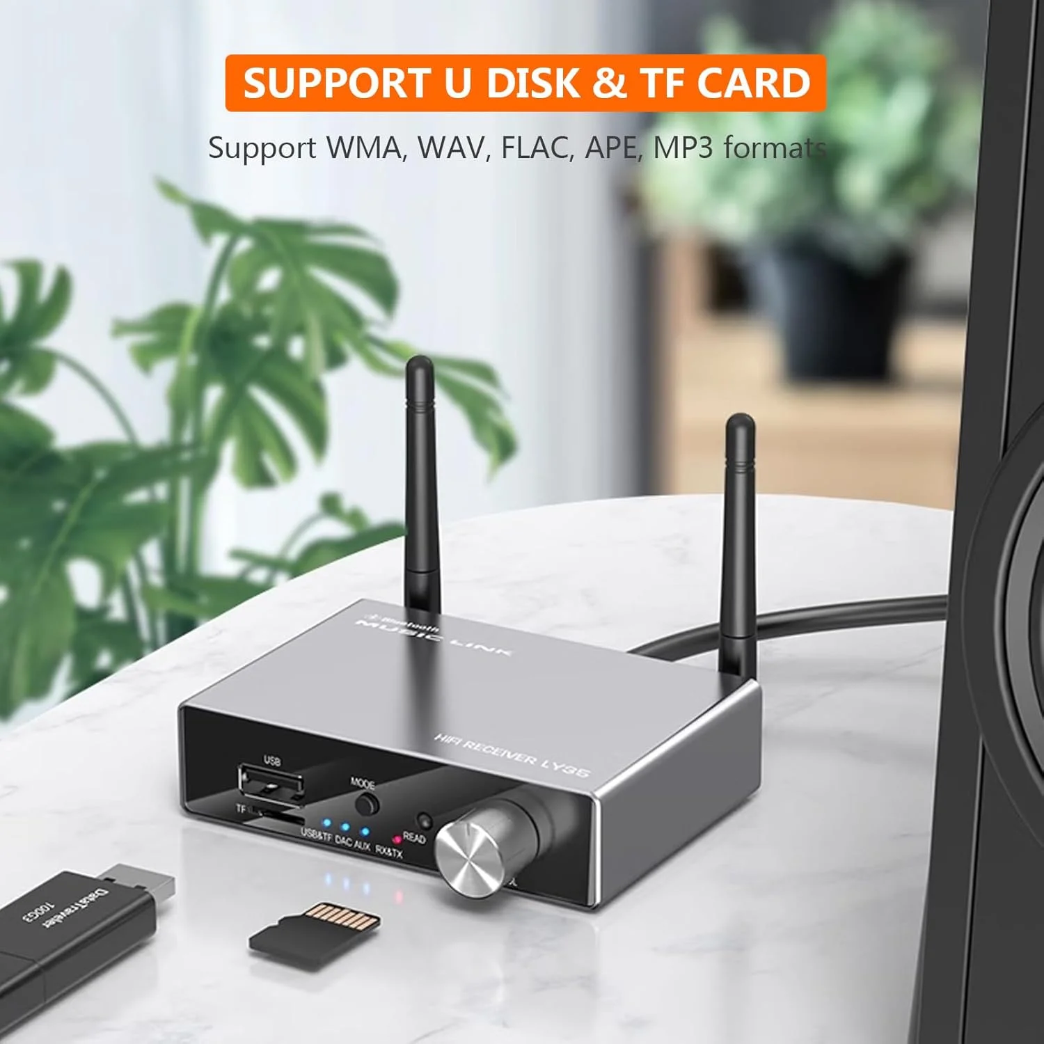 فرستنده گیرنده بلوتوث 5.3 Gugxiom، 2400-2483.5 مگاهرتز ورودی/خروجی 3.5 میلی متری/اپتیکال/کواکسیال/USB/کارت حافظه آداپتور صوتی بی سیم HiFi برای سیستم استریو خانگی، پشتیبانی از پخش دیسک U