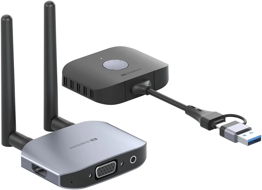 کیت توسعه دهنده فرستنده و گیرنده HDMI بی سیم دوگانه USB A و USB C Hagibis، دانگل نمایشگر بی سیم 1080P@60Hz 5GHz با برد 50 متر برای لپ تاپ، کامپیوتر، PS4/5، تلویزیون، پروژکتور، استریم کیت توسعه دهنده فرستنده و گیرنده HDMI بی سیم دوگانه USB A و USB C Hagibis، دانگل نمایشگر بی سیم 1080P@60Hz 5GHz با برد 50 متر برای لپ تاپ، کامپیوتر، PS4/5، تلویزیون، پروژکتور، استریم