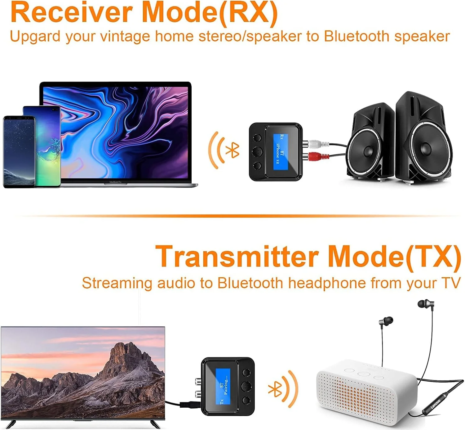 فرستنده گیرنده بلوتوث Exrp - گیرنده صوتی بلوتوث 5.0 با نمایشگر، آداپتور صوتی بی سیم برای استریو خانگی/هدفون/بلندگو/سینمای خانگی/تلویزیون/رایانه شخصی/خودرو، با خروجی کارت TF/RCA/3.5mm/AUX