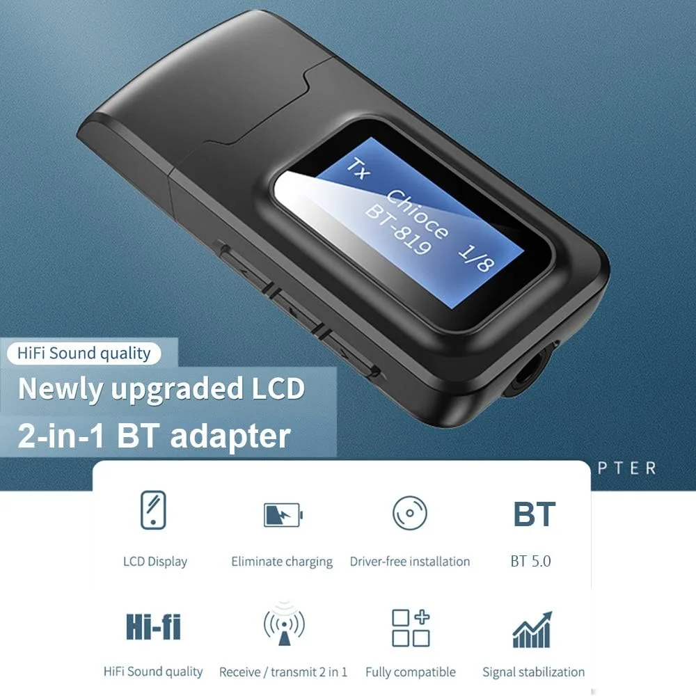 آداپتور بی سیم Eacam BT 5.0 فرستنده گیرنده صدا جک 3.5 میلی متری AUX دانگل USB BT 2 در 1 با صفحه نمایش LCD برای تلویزیون و کامپیوتر
