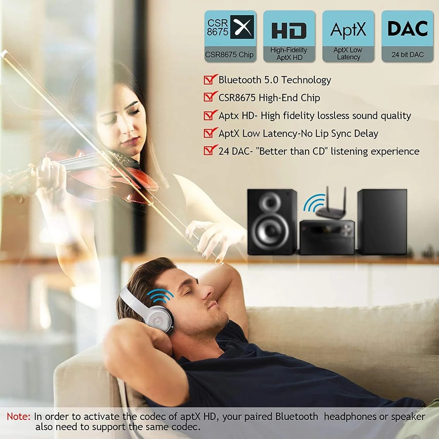 فرستنده گیرنده صوتی بلوتوث 5.0 BREAUX، آداپتور بی سیم AptX LL HD SPDIF AUX 3.5mm برای کامپیوتر، تلویزیون به 2 هدفون فرستنده گیرنده صوتی بلوتوث 5.0 BREAUX، آداپتور بی سیم AptX LL HD SPDIF AUX 3.5mm برای کامپیوتر، تلویزیون به 2 هدفون