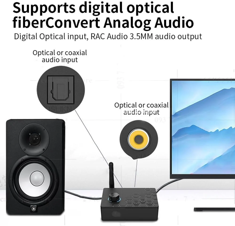 گیرنده صوتی بلوتوث 5.4، مبدل دیجیتال به آنالوگ کواکسیال فیبر نوری با کیفیت بالا aptx HD برای خودرو گیرنده صوتی بلوتوث 5.4، مبدل دیجیتال به آنالوگ کواکسیال فیبر نوری با کیفیت بالا aptx HD برای خودرو