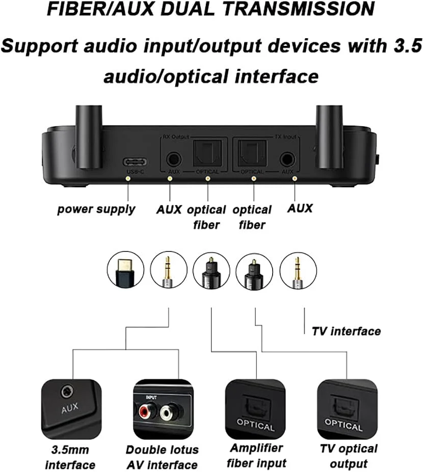 فرستنده و گیرنده بلوتوث 5.0 BREAUX، آداپتور صوتی بلوتوث AptX با تأخیر کم، اسپلیتر سیمی و بی سیم، Optical RCA AUX 3.5mm، برد بلند 100 متری
