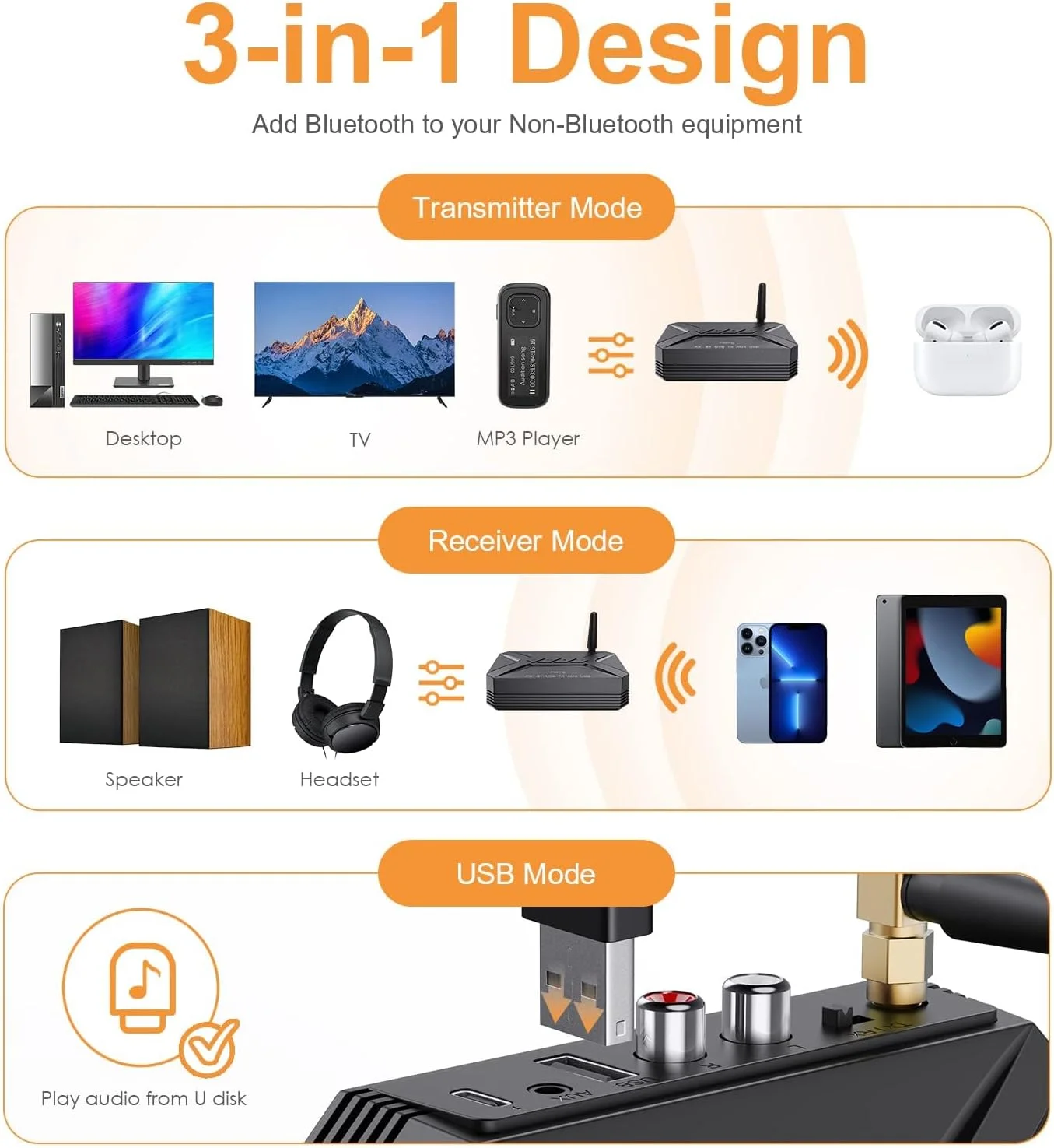 آداپتور صوتی بلوتوث 5.0 سه در یک، آداپتور صوتی AUX با خروجی USB/RCA/AUX برای سیستم صوتی پخش موسیقی، گیرنده بلوتوث برای استریو خانگی/تلویزیون/ماشین/رایانه شخصی/هدفون/بلندگو آداپتور صوتی بلوتوث 5.0 سه در یک، آداپتور صوتی AUX با خروجی USB/RCA/AUX برای سیستم صوتی پخش موسیقی، گیرنده بلوتوث برای استریو خانگی/تلویزیون/ماشین/رایانه شخصی/هدفون/بلندگو