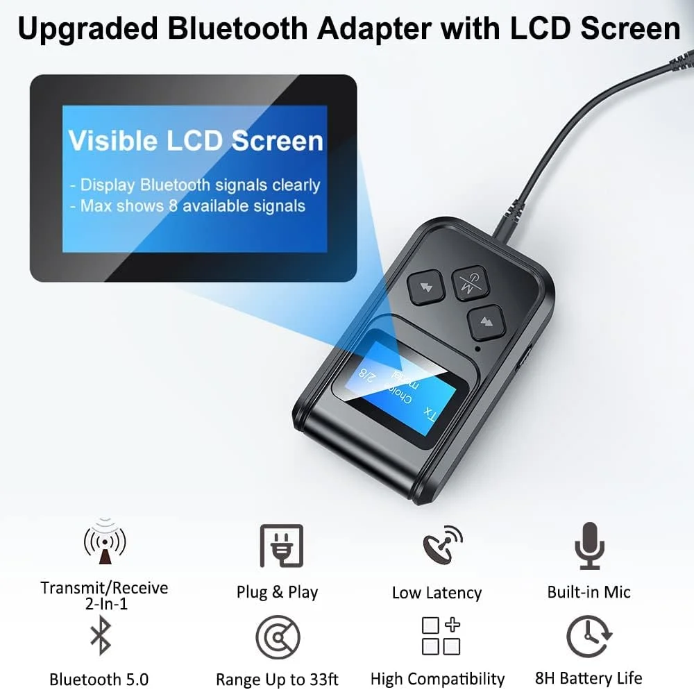 فرستنده و گیرنده بلوتوث، آداپتور صوتی بلوتوث 5.0، آداپتور بلوتوث بی سیم 2 در 1 برای خودرو/تلویزیون/رایانه شخصی/سیستم صوتی خانگی، آداپتور گیرنده صوتی بی سیم 3.5 میلی متری با صفحه نمایش فرستنده و گیرنده بلوتوث، آداپتور صوتی بلوتوث 5.0، آداپتور بلوتوث بی سیم 2 در 1 برای خودرو/تلویزیون/رایانه شخصی/سیستم صوتی خانگی، آداپتور گیرنده صوتی بی سیم 3.5 میلی متری با صفحه نمایش