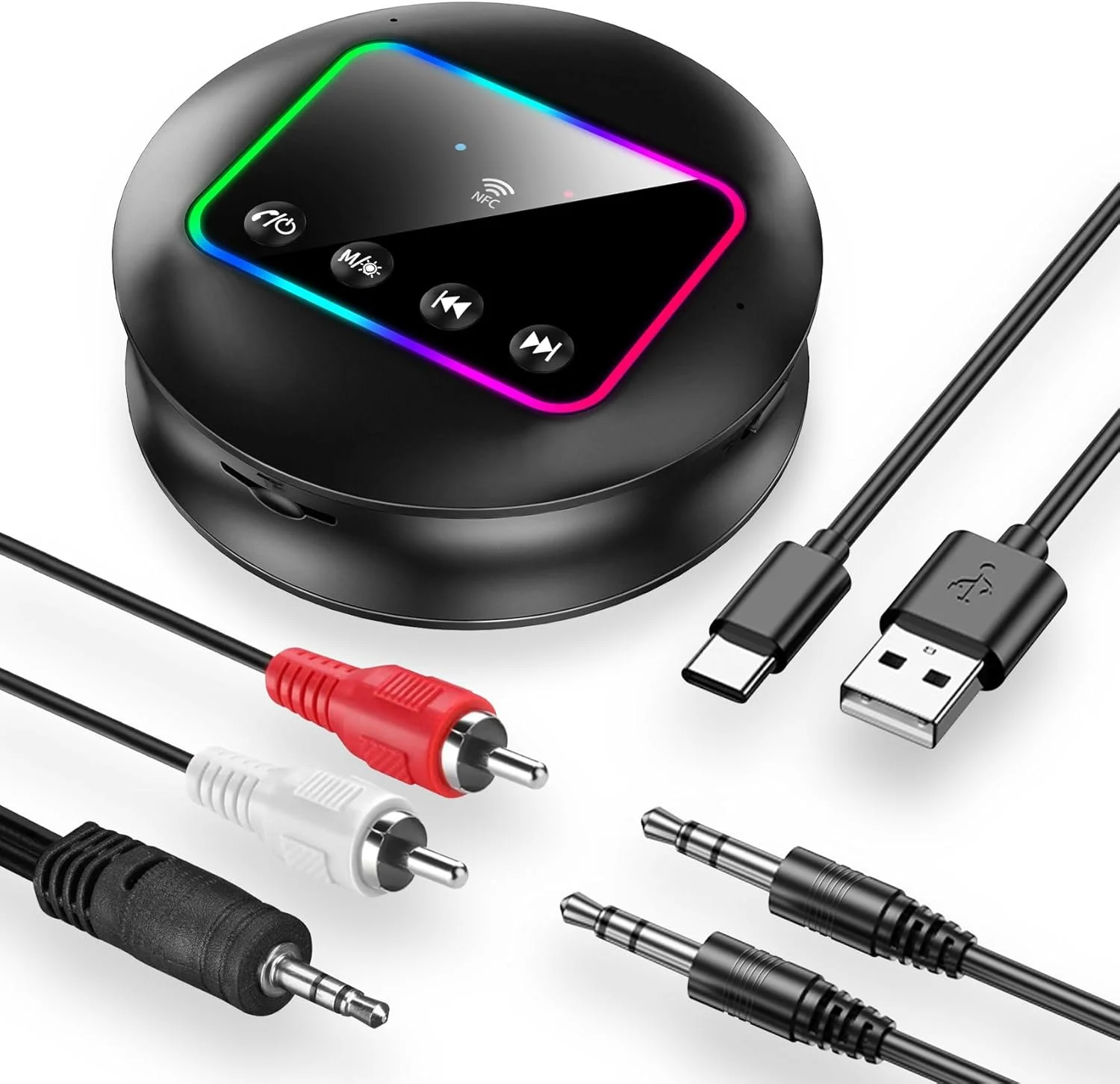 فرستنده و گیرنده صوتی بلوتوث 5.4 - ورودی های کارت RCA/AUX/TF با نور RGB و NFC - آداپتور موسیقی بی سیم برای تلویزیون، خودرو، رایانه شخصی، سیستم استریو خانگی - پشتیبانی از پخش جریانی به بلندگوها یا هدفون فرستنده و گیرنده صوتی بلوتوث 5.4 - ورودی های کارت RCA/AUX/TF با نور RGB و NFC - آداپتور موسیقی بی سیم برای تلویزیون، خودرو، رایانه شخصی، سیستم استریو خانگی - پشتیبانی از پخش جریانی به بلندگوها یا هدفون