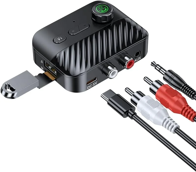 Bluetooth 5.3 Audio Adapter – Transmitter & Receiver with Low Latency Support – AUX, RCA, Optical & USB Inputs – Upgrade Old Home Stereo or TV to Wireless Streaming with Crystal Clear Sound Bluetooth 5.3 Audio Adapter – Transmitter & Receiver with Low Latency Support – AUX, RCA, Optical & USB Inputs – Upgrade Old Home Stereo or TV to Wireless Streaming with Crystal Clear Sound