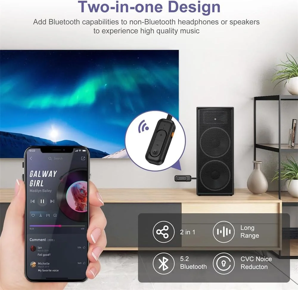 فرستنده و گیرنده بلوتوث 5.2 Azonee، آداپتور بلوتوث بی سیم 2 در 1 با جک 3.5 میلی متری، اتصال دوگانه، آداپتور بلوتوث AUX با قابلیت حذف نویز برای سیستم صوتی PC/TV/Car
