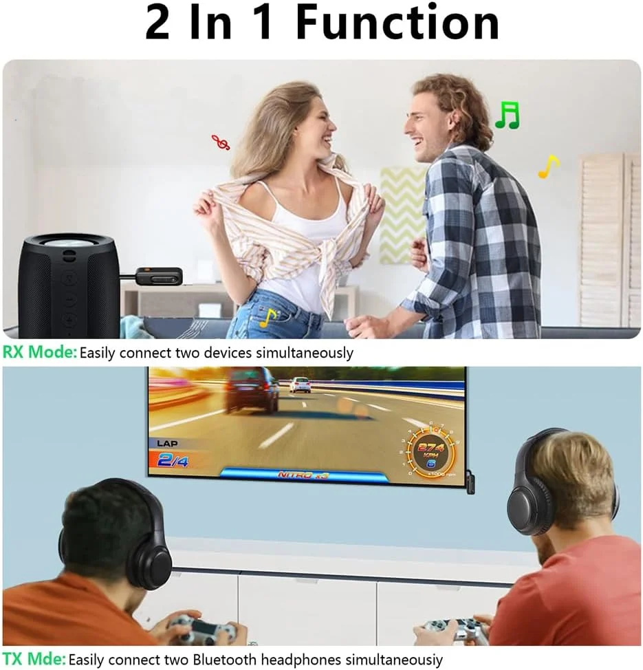 فرستنده و گیرنده بلوتوث 5.2 Azonee، آداپتور بلوتوث بی سیم 2 در 1 با جک 3.5 میلی متری، اتصال دوگانه، آداپتور بلوتوث AUX با قابلیت حذف نویز برای سیستم صوتی PC/TV/Car