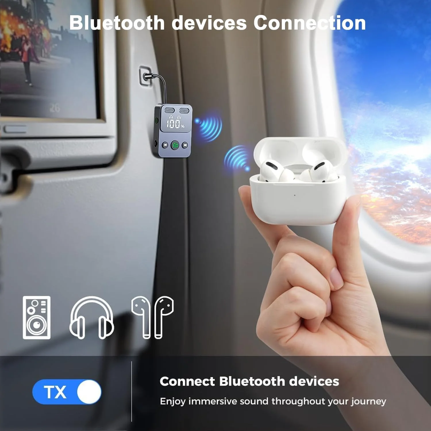 فرستنده گیرنده بلوتوث 5.3 Angju برای هواپیما، آداپتور بلوتوث بی سیم جفت سازی دوگانه سازگار با 2 هدفون AirPods با مانیتور، AUX 3.5 میلی متری سازگار با تلویزیون، استریو ماشین، باشگاه و بلندگوها