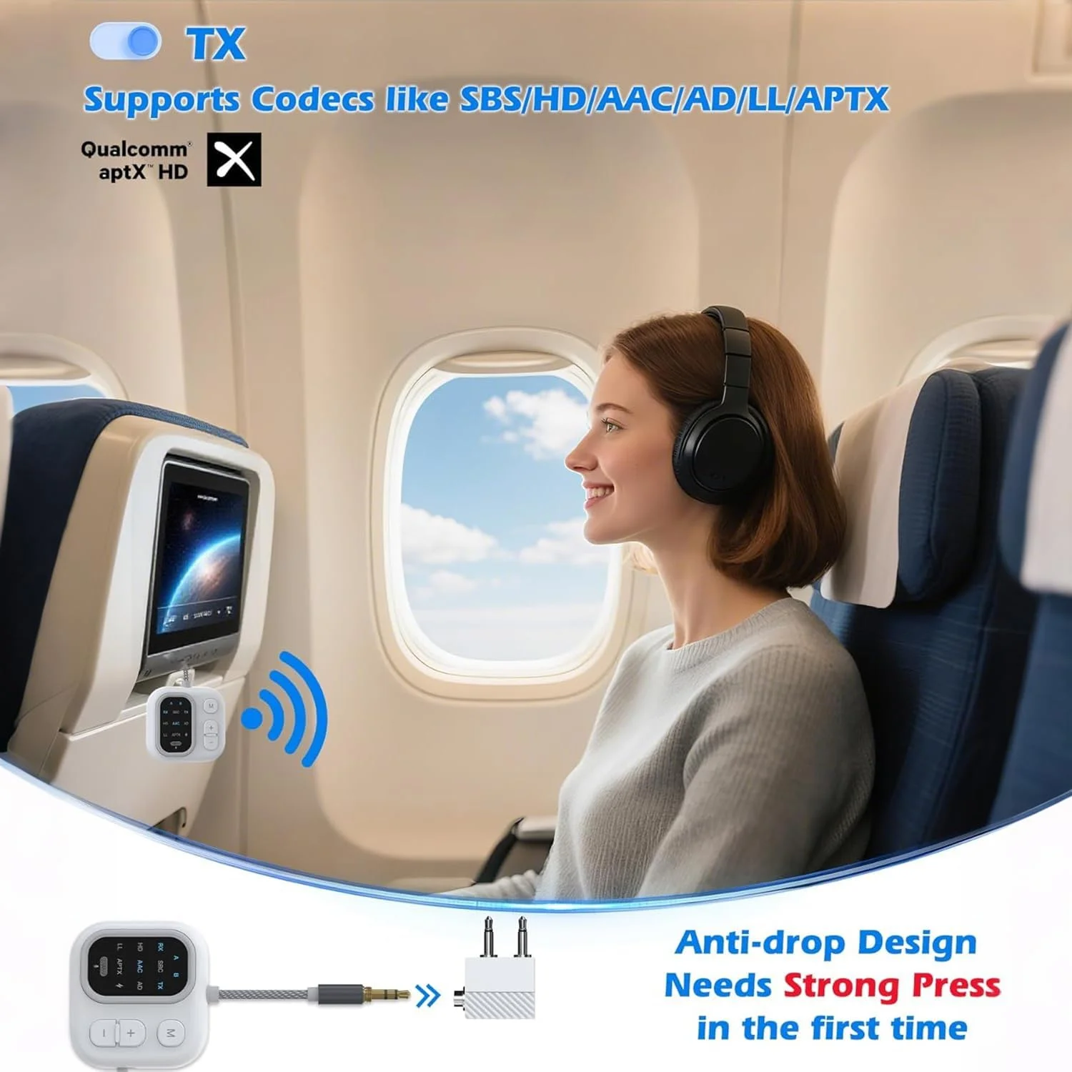 فرستنده گیرنده بلوتوث 5.3 Angju برای هواپیما، پشتیبانی از 2 هدفون بی سیم AirPods، آداپتور صوتی بی سیم aptX Adaptive 3.5mm AUX برای تلویزیون، هواپیمایی، هواپیماها، لوازم ضروری سفر فرستنده گیرنده بلوتوث 5.3 Angju برای هواپیما، پشتیبانی از 2 هدفون بی سیم AirPods، آداپتور صوتی بی سیم aptX Adaptive 3.5mm AUX برای تلویزیون، هواپیمایی، هواپیماها، لوازم ضروری سفر