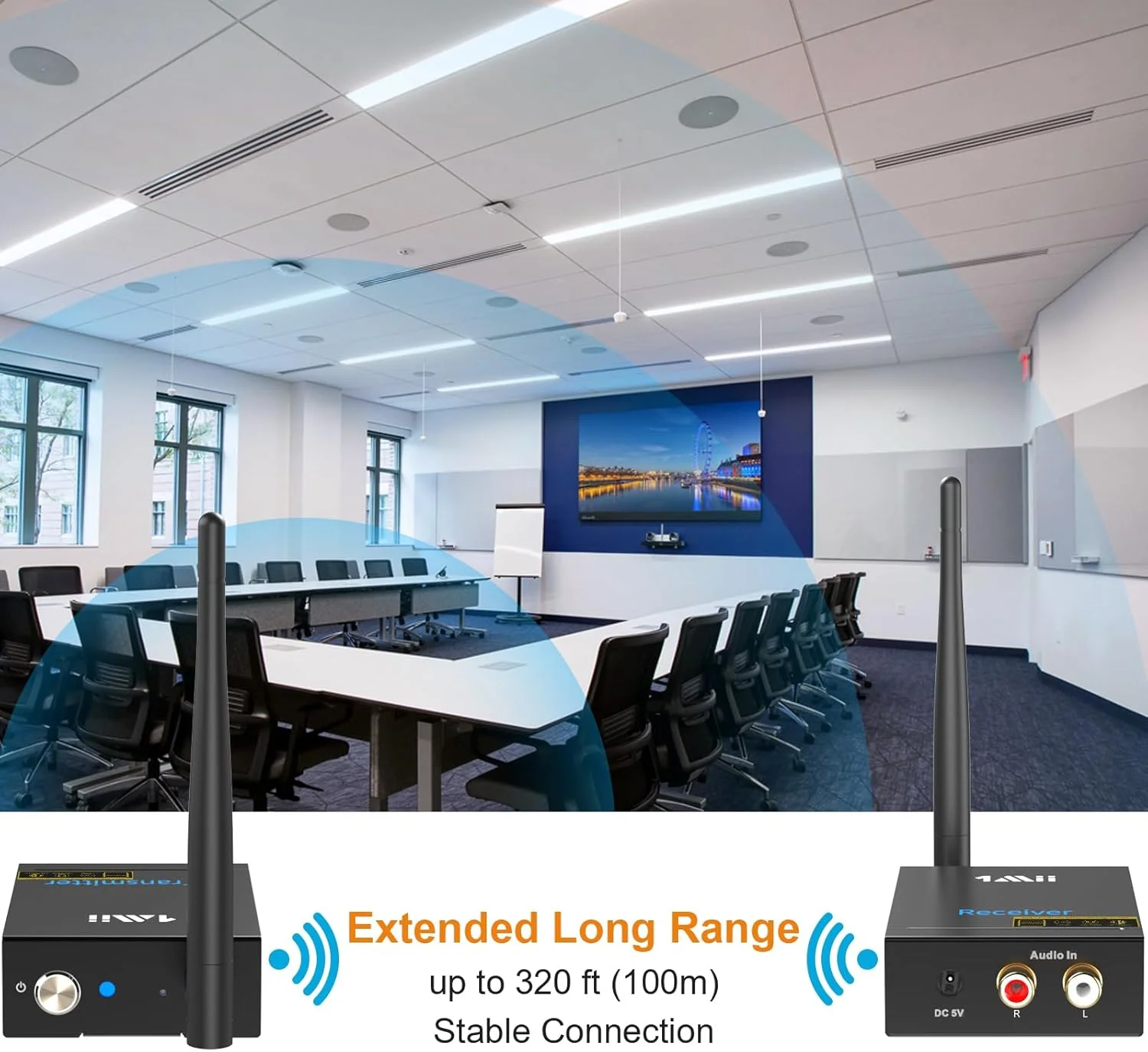 فرستنده و گیرنده صوتی بی سیم 1Mii برای موسیقی، فرستنده و گیرنده صوتی برد بلند 2.4 گیگاهرتز با تاخیر کم از تلویزیون/رایانه شخصی به بلندگو/استریو/ساب ووفر/CD، خروجی/ورودی RCA 320 فوت - RT5066