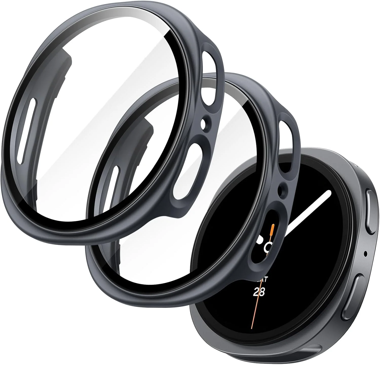 محافظ صفحه نمایش و قاب JETech برای ساعت هوشمند سامسونگ گلکسی واچ 8 سایز 44 میلی‌متر، پوشش محافظتی کامل، دارای محافظ شیشه‌ای حرارت دیده با حساسیت بالا، بسته‌ی 2 عددی (گرافیتی)