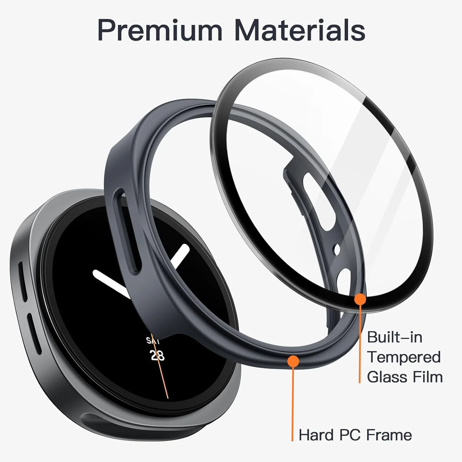 محافظ صفحه نمایش و قاب JETech برای ساعت هوشمند سامسونگ گلکسی واچ 8 سایز 44 میلی‌متر، پوشش محافظتی کامل، دارای محافظ شیشه‌ای حرارت دیده با حساسیت بالا، بسته‌ی 2 عددی (گرافیتی)
