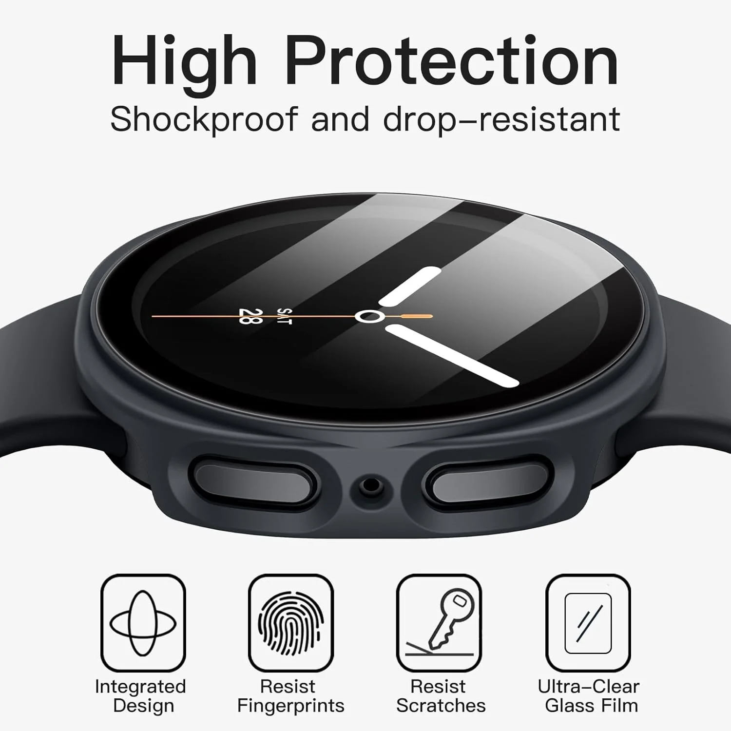 محافظ صفحه نمایش و قاب JETech برای ساعت هوشمند سامسونگ گلکسی واچ 8 سایز 44 میلی‌متر، پوشش محافظتی کامل، دارای محافظ شیشه‌ای حرارت دیده با حساسیت بالا، بسته‌ی 2 عددی (گرافیتی)